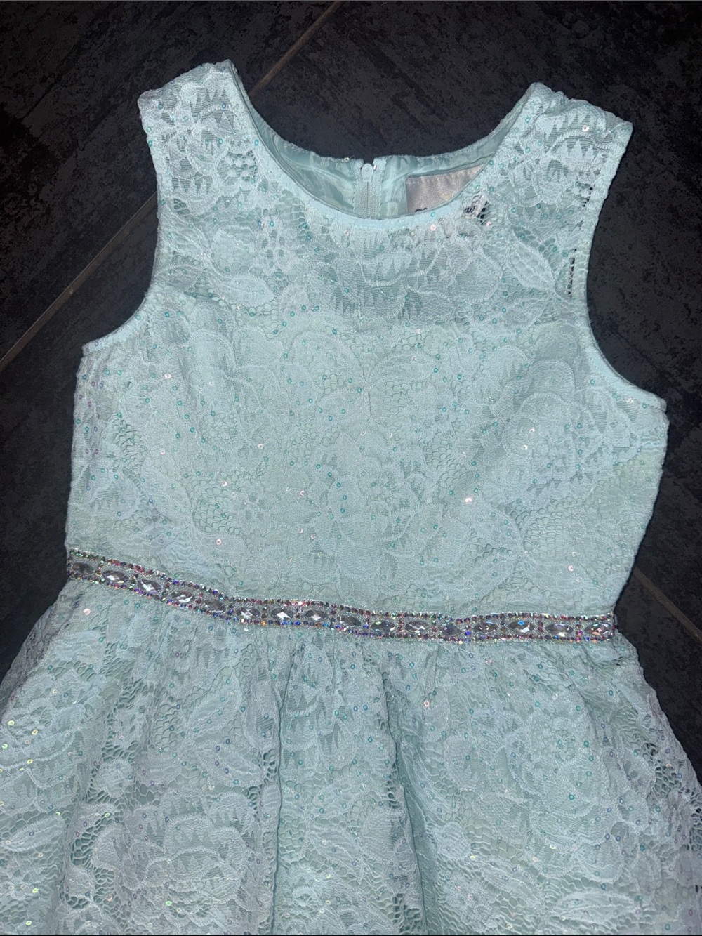 Girls Lace High-Low Party Dress with beautiful Sparkle Waistband - Light Blue - Picture 2 of 5